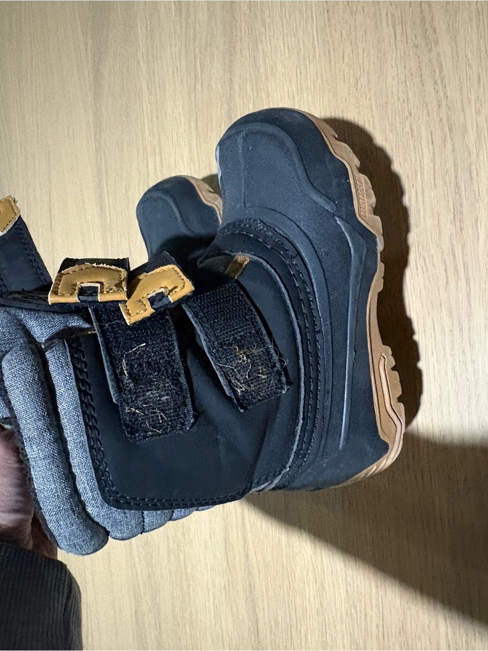 Kids Black Winter Boots with Tan Outsole and Easy-Strap Closure
